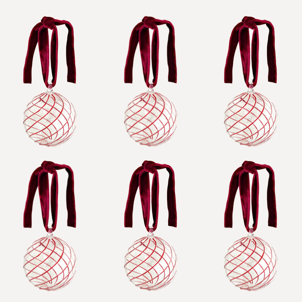 Box of Six Swirl Christmas Baubles - Red