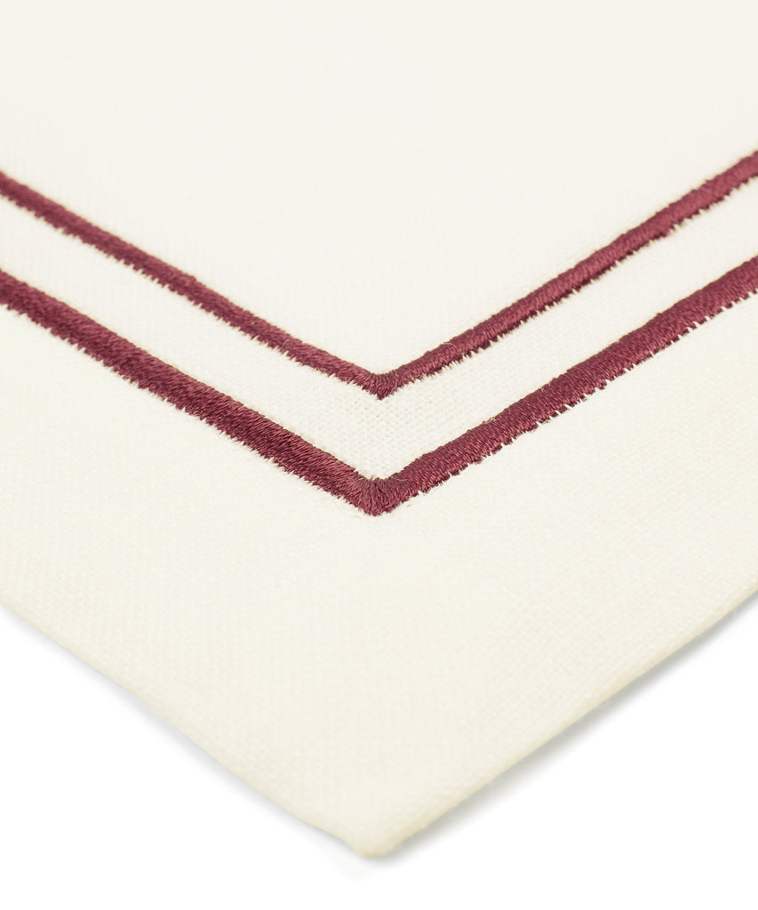 Rebecca Udall Luxury Metallic two cord embroidery linen Dinner Napkin, White Burgundy wine red