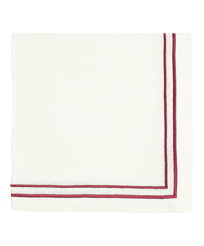 Rebecca Udall Luxury Metallic two cord embroidery linen Dinner Napkin, White Burgundy wine red